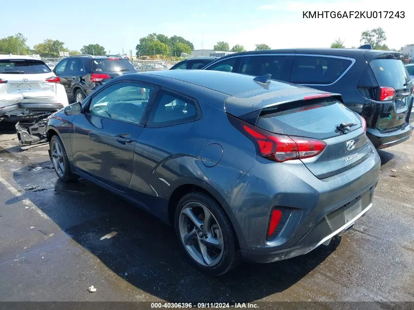 2019 Hyundai Veloster Premium VIN: KMHTG6AF2KU017243 Lot: 40306396