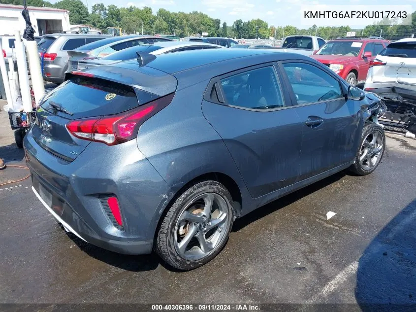 2019 Hyundai Veloster Premium VIN: KMHTG6AF2KU017243 Lot: 40306396