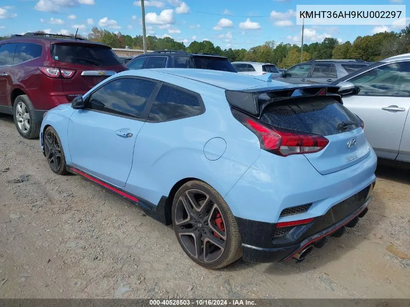 2019 Hyundai Veloster N VIN: KMHT36AH9KU002297 Lot: 40528503