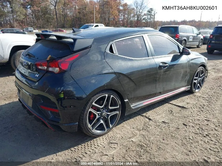 2019 Hyundai Veloster N VIN: KMHT36AH8KU002601 Lot: 40745892