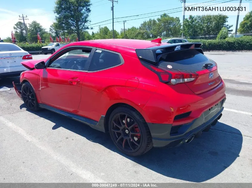 2020 Hyundai Veloster N VIN: KMHT36AH1LU003431 Lot: 39847249