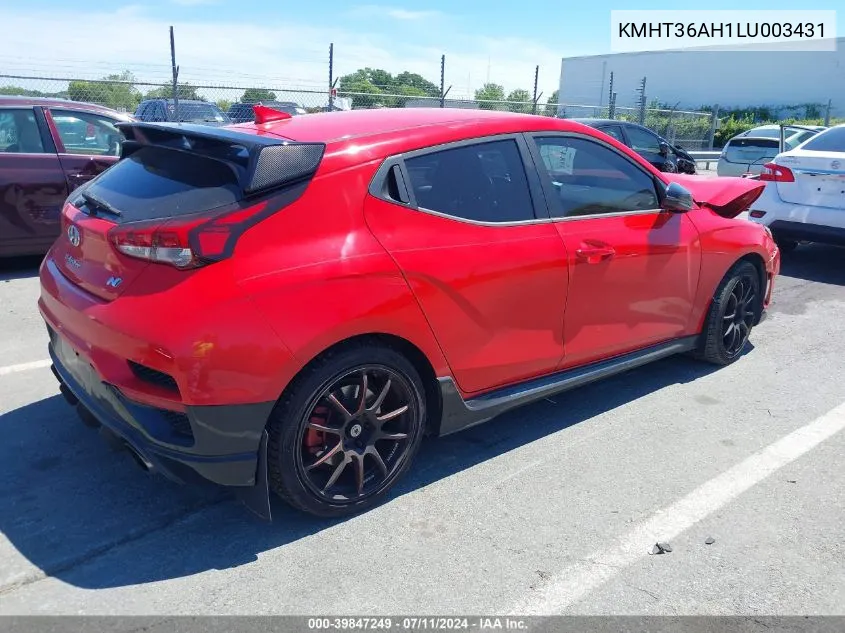 2020 Hyundai Veloster N VIN: KMHT36AH1LU003431 Lot: 39847249