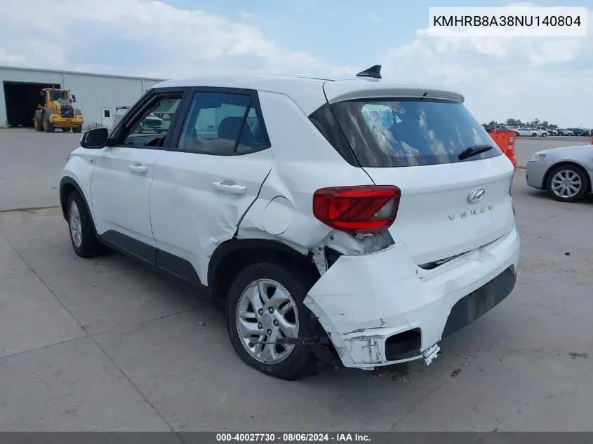 2022 Hyundai Venue Se VIN: KMHRB8A38NU140804 Lot: 40027730