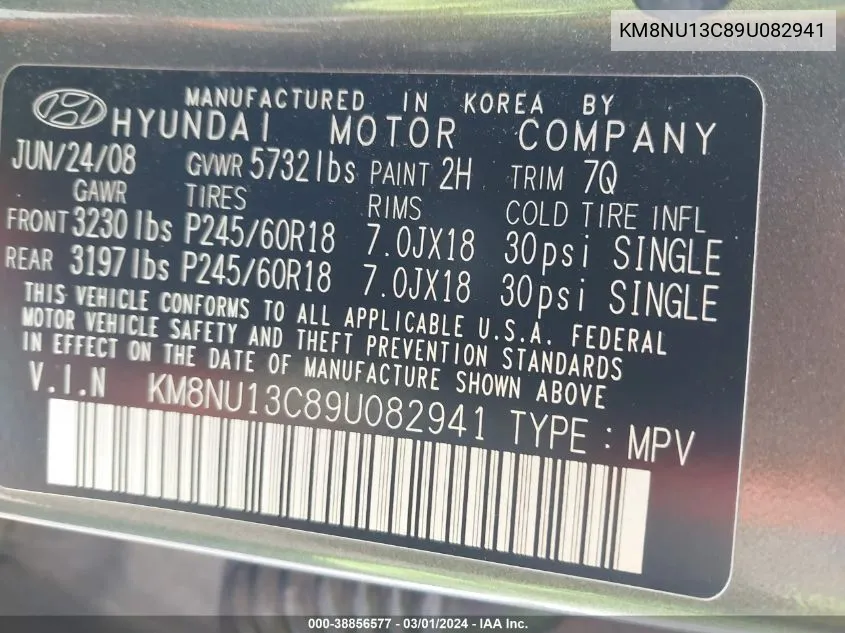 2009 Hyundai Veracruz Limited VIN: KM8NU13C89U082941 Lot: 38856577