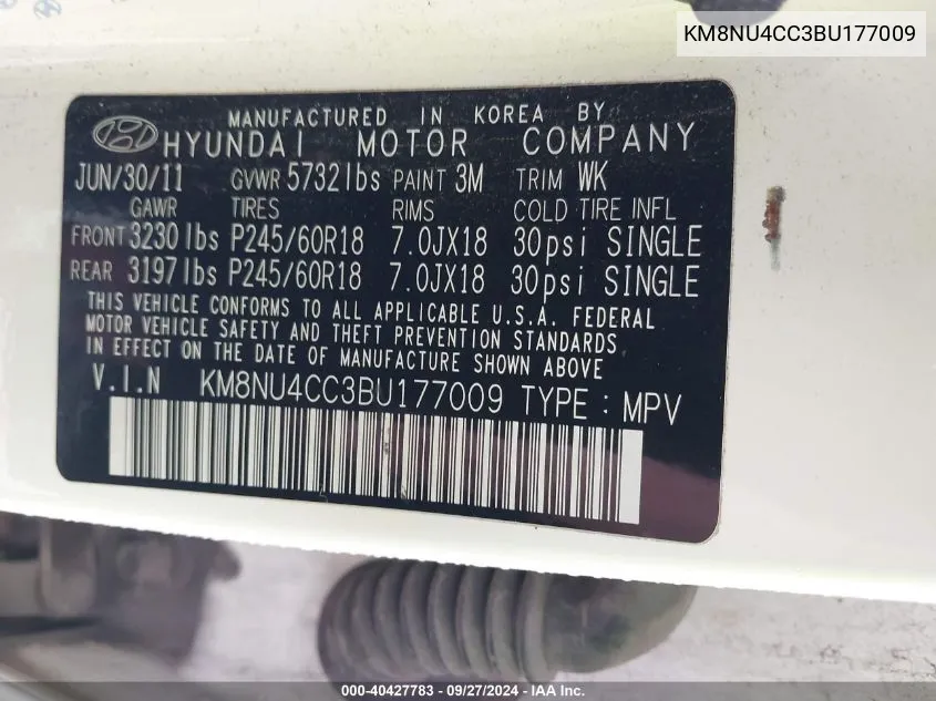 KM8NU4CC3BU177009 2011 Hyundai Veracruz Limited