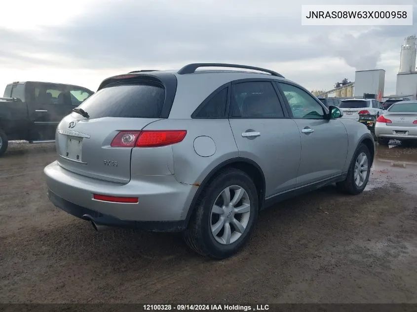 2003 Infiniti Fx35 VIN: JNRAS08W63X000958 Lot: 12100328