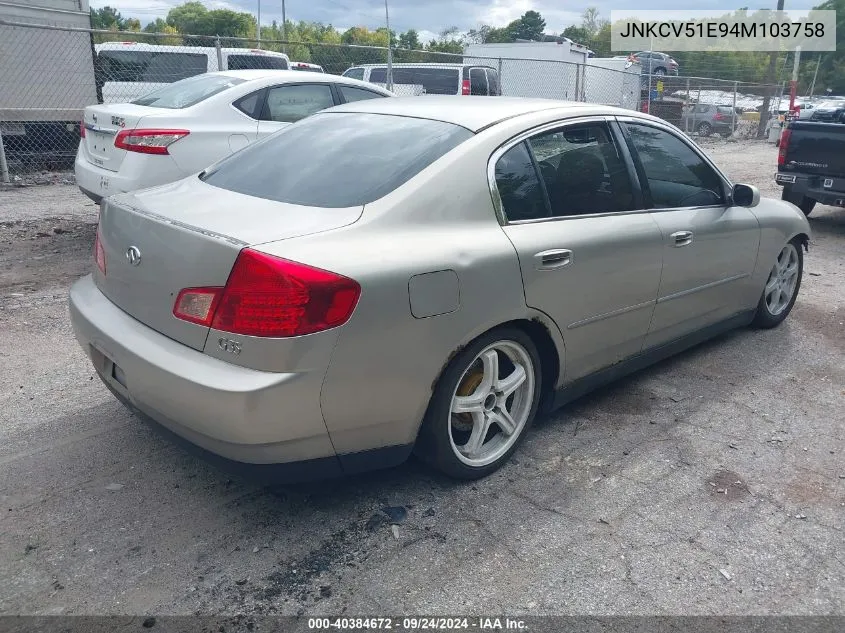 2004 Infiniti G35 VIN: JNKCV51E94M103758 Lot: 40384672