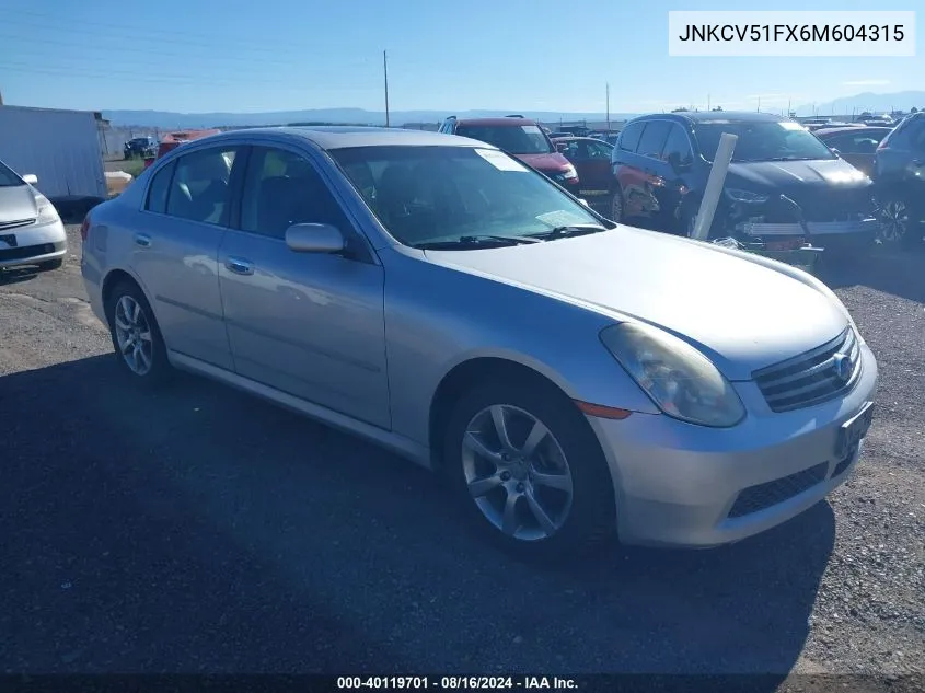 2006 Infiniti G35X VIN: JNKCV51FX6M604315 Lot: 40119701