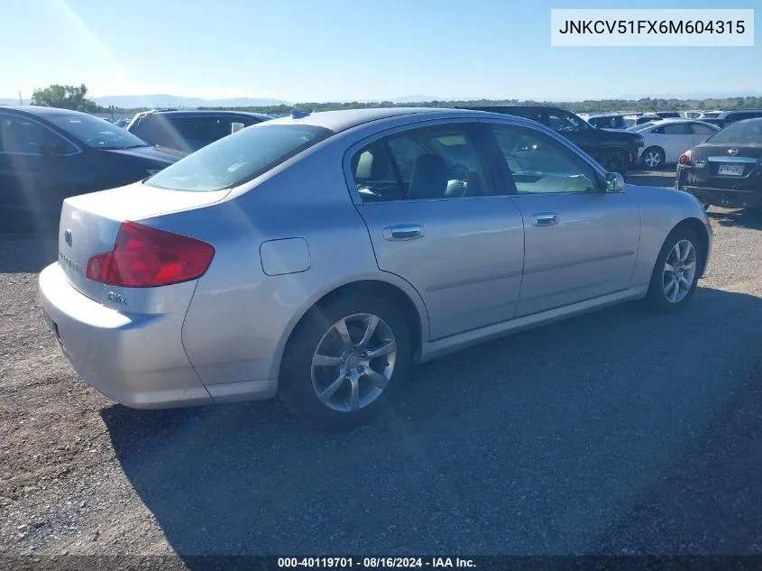 2006 Infiniti G35X VIN: JNKCV51FX6M604315 Lot: 40119701