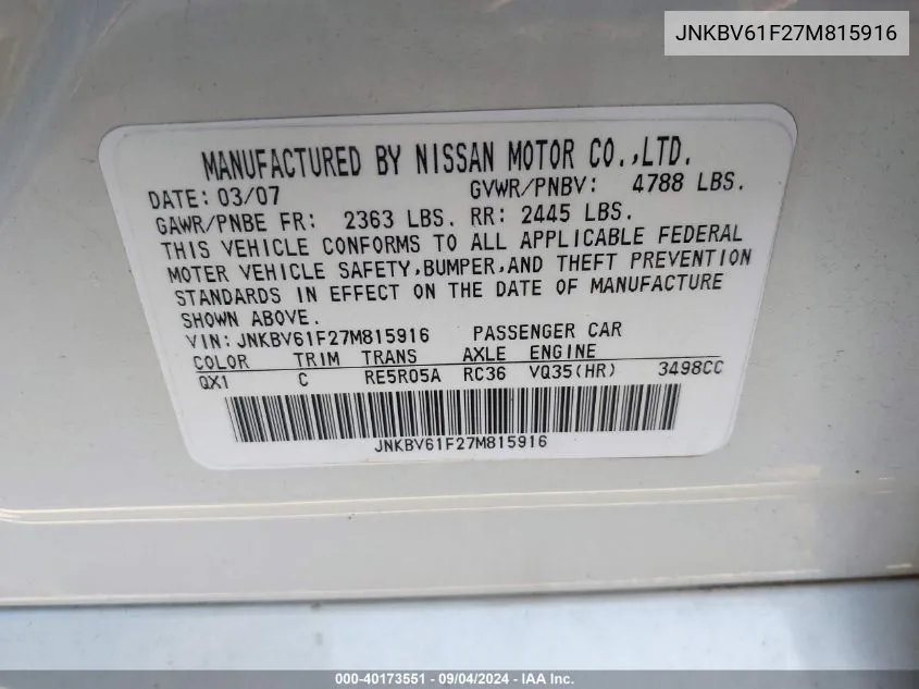 JNKBV61F27M815916 2007 Infiniti G35X