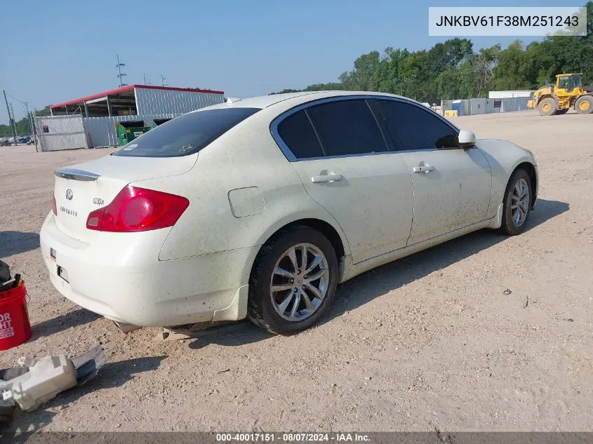 2008 Infiniti G35X VIN: JNKBV61F38M251243 Lot: 40017151