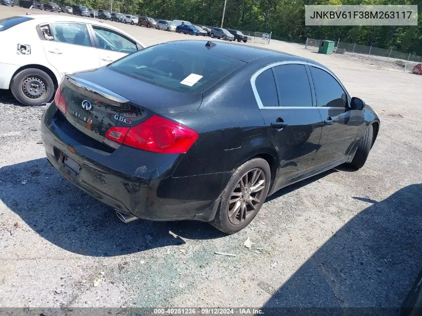 2008 Infiniti G35X VIN: JNKBV61F38M263117 Lot: 40251236