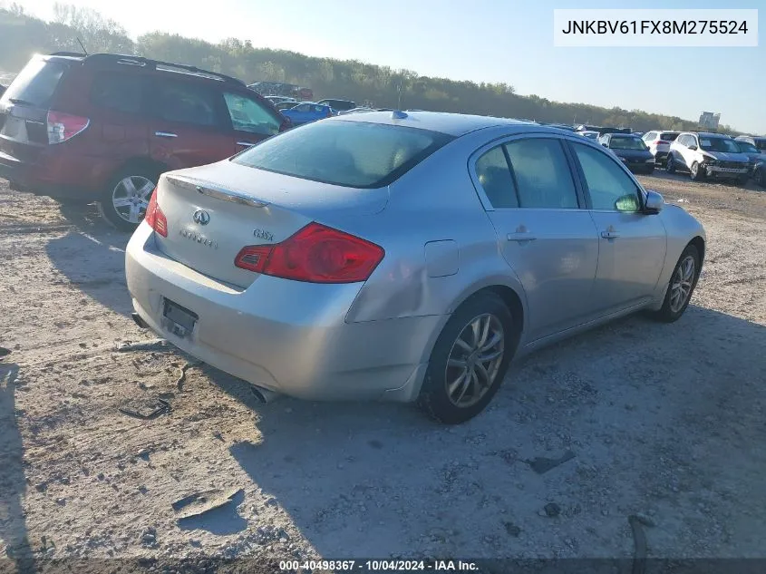 2008 Infiniti G35X VIN: JNKBV61FX8M275524 Lot: 40498367