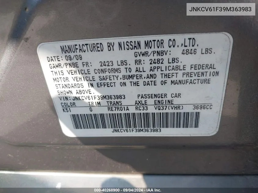 JNKCV61F39M363983 2009 Infiniti G37X