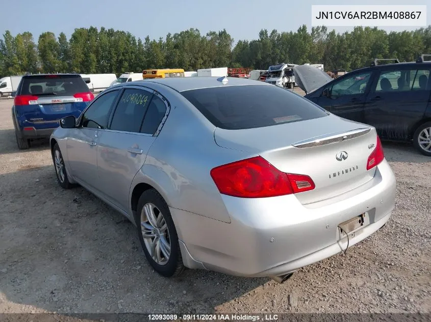 2011 Infiniti G37X VIN: JN1CV6AR2BM408867 Lot: 12093089