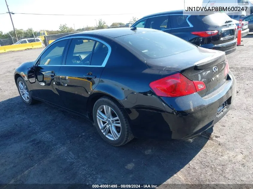 2011 Infiniti G25 Journey VIN: JN1DV6AP8BM600247 Lot: 40081495