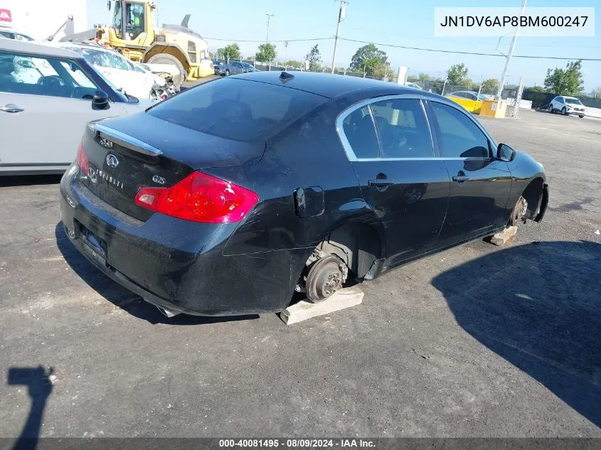 2011 Infiniti G25 Journey VIN: JN1DV6AP8BM600247 Lot: 40081495