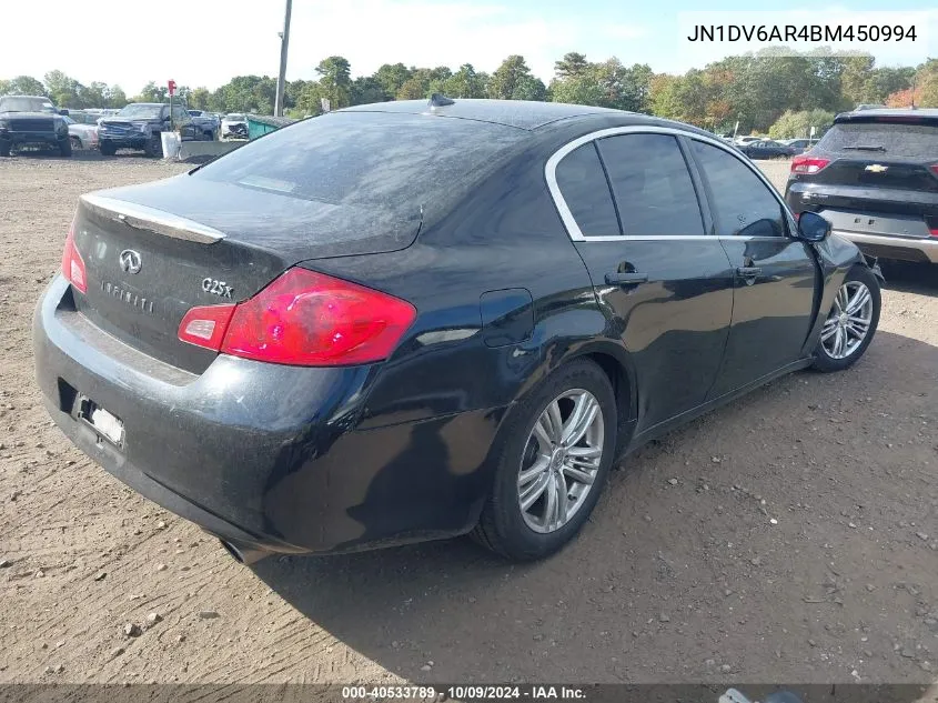 2011 Infiniti G25X VIN: JN1DV6AR4BM450994 Lot: 40533789