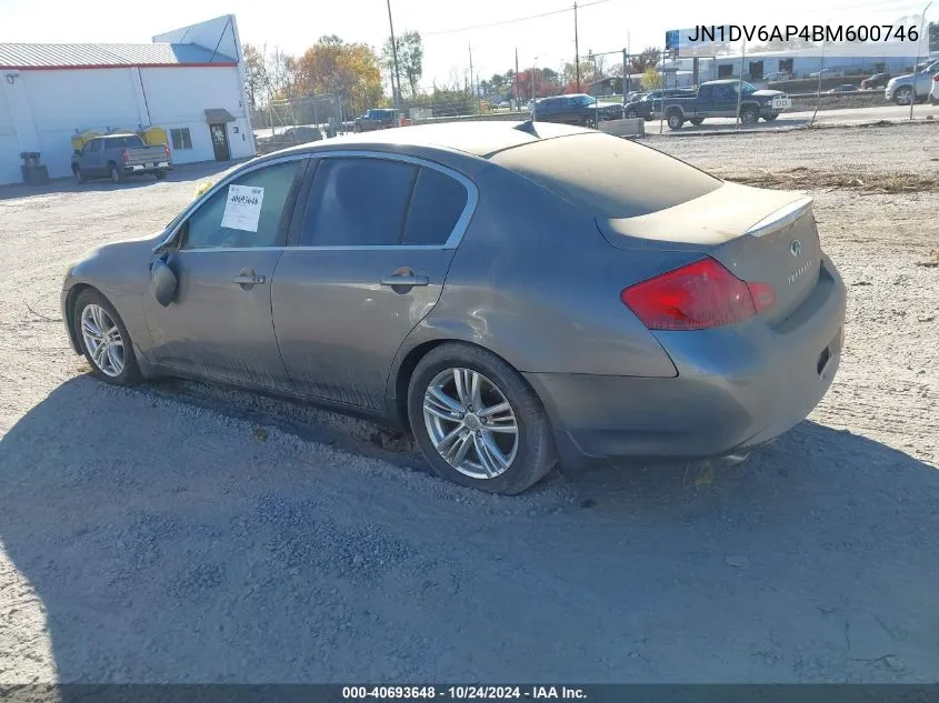 2011 Infiniti G25 Journey VIN: JN1DV6AP4BM600746 Lot: 40693648