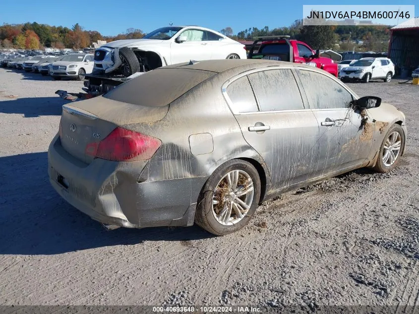 2011 Infiniti G25 Journey VIN: JN1DV6AP4BM600746 Lot: 40693648