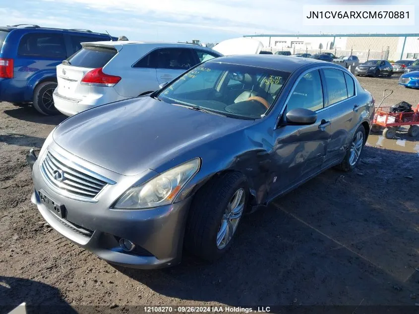 2012 Infiniti G37 Sedan VIN: JN1CV6ARXCM670881 Lot: 12108270