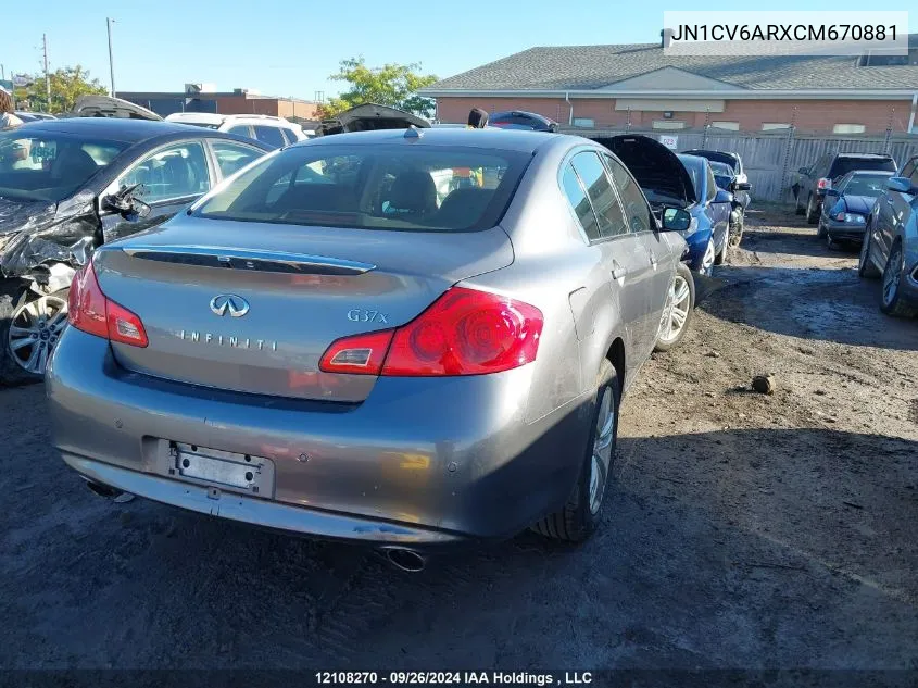 2012 Infiniti G37 Sedan VIN: JN1CV6ARXCM670881 Lot: 12108270