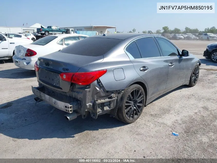 2017 Infiniti Q50 3.0T Red Sport 400 VIN: JN1FV7AP5HM850195 Lot: 40118002