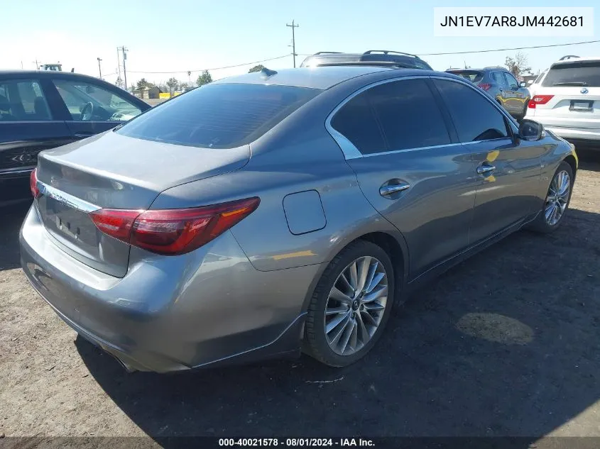 2018 Infiniti Q50 3.0T Luxe VIN: JN1EV7AR8JM442681 Lot: 40021578