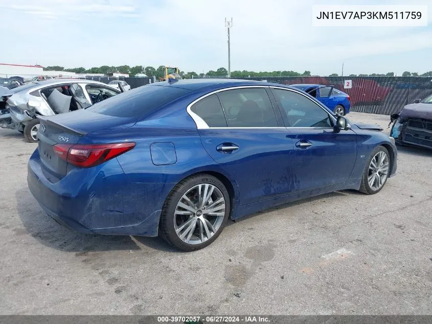 2019 Infiniti Q50 3.0T Sport VIN: JN1EV7AP3KM511759 Lot: 39702057