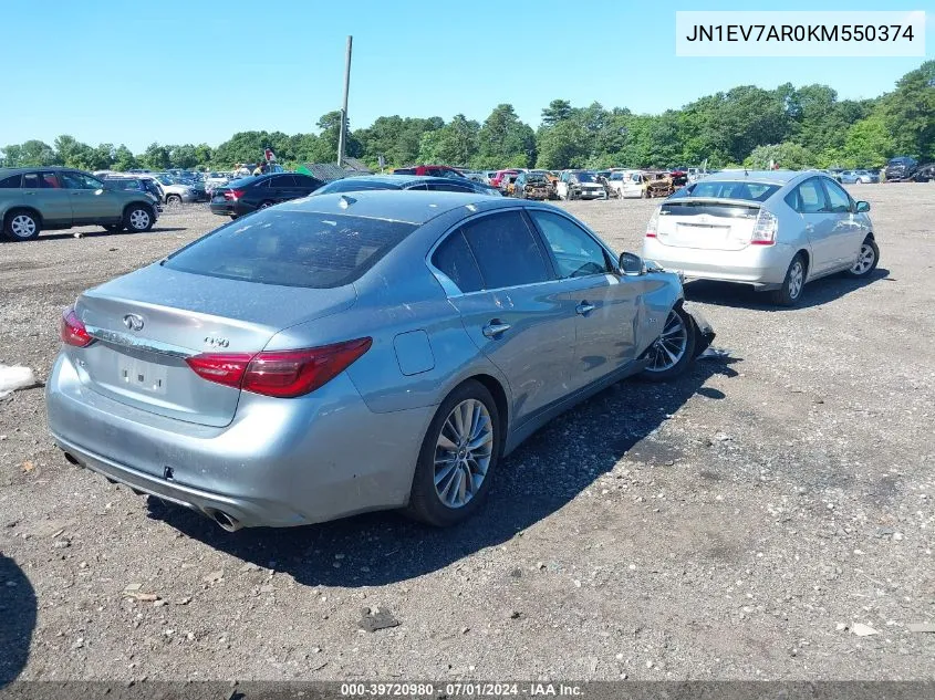 2019 Infiniti Q50 3.0T Luxe VIN: JN1EV7AR0KM550374 Lot: 39720980