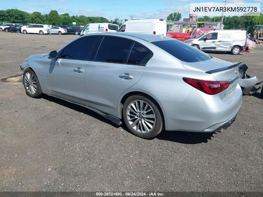 2019 Infiniti Q50 3.0T Luxe VIN: JN1EV7AR3KM592778 Lot: 39721693