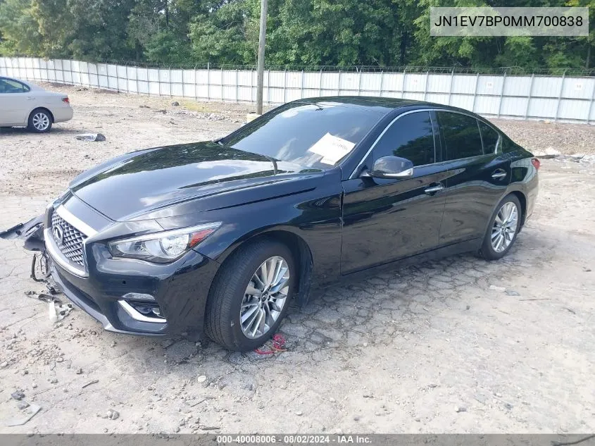 2021 Infiniti Q50 Luxe VIN: JN1EV7BP0MM700838 Lot: 40008006