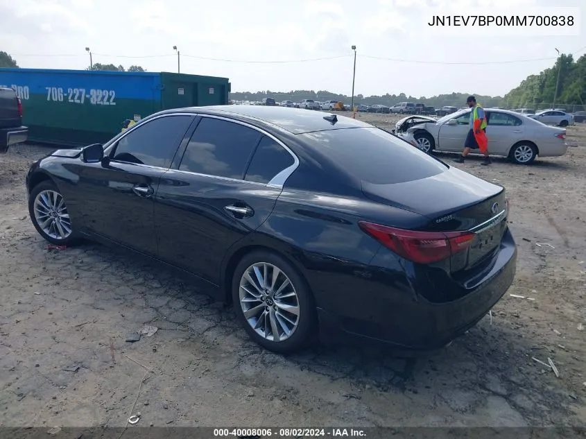 2021 Infiniti Q50 Luxe VIN: JN1EV7BP0MM700838 Lot: 40008006