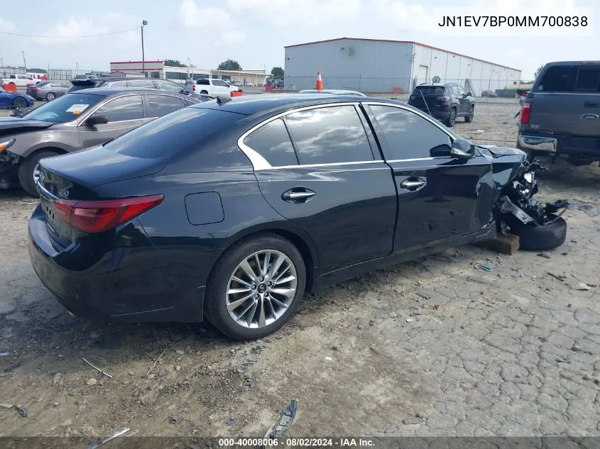 2021 Infiniti Q50 Luxe VIN: JN1EV7BP0MM700838 Lot: 40008006