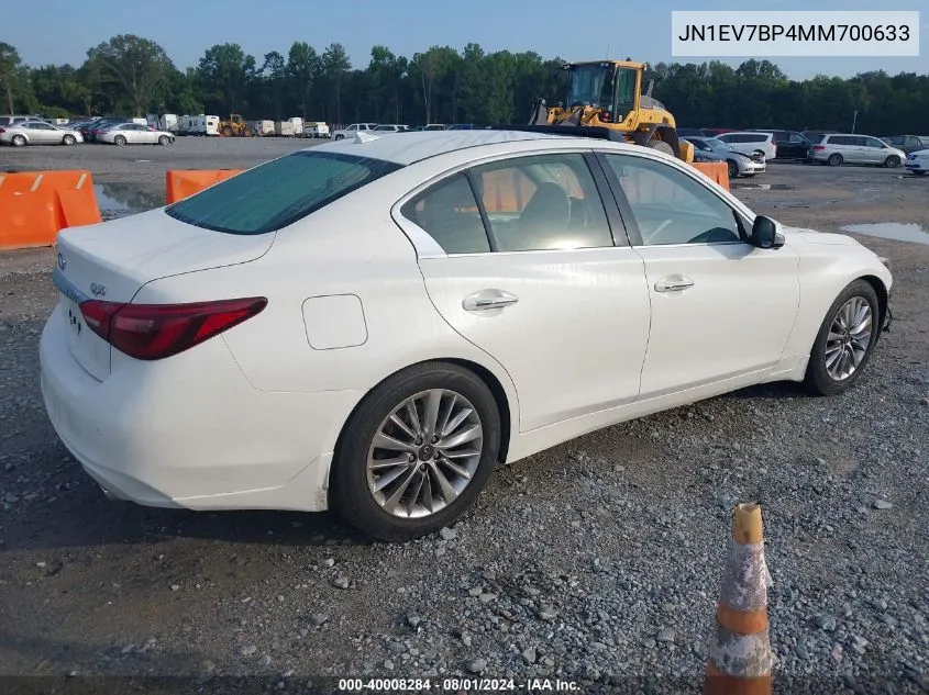 2021 Infiniti Q50 Luxe VIN: JN1EV7BP4MM700633 Lot: 40008284