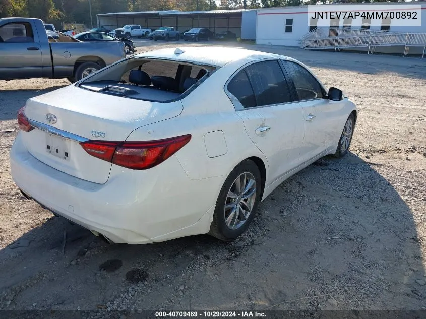 2021 Infiniti Q50 Pure VIN: JN1EV7AP4MM700892 Lot: 40709489