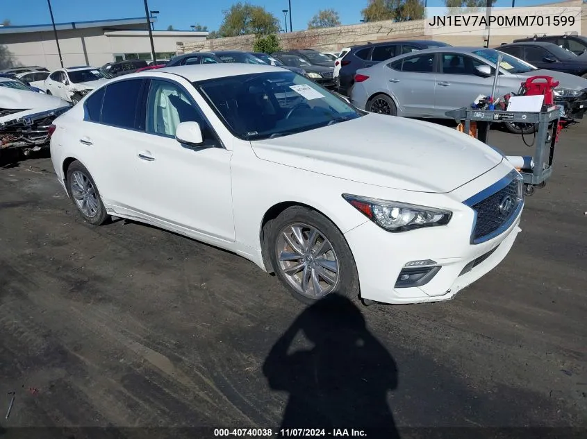 2021 Infiniti Q50 Pure VIN: JN1EV7AP0MM701599 Lot: 40740038