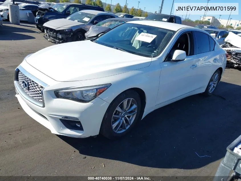 2021 Infiniti Q50 Pure VIN: JN1EV7AP0MM701599 Lot: 40740038