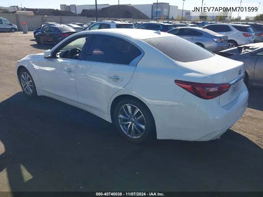 2021 Infiniti Q50 Pure VIN: JN1EV7AP0MM701599 Lot: 40740038