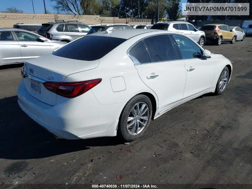 2021 Infiniti Q50 Pure VIN: JN1EV7AP0MM701599 Lot: 40740038