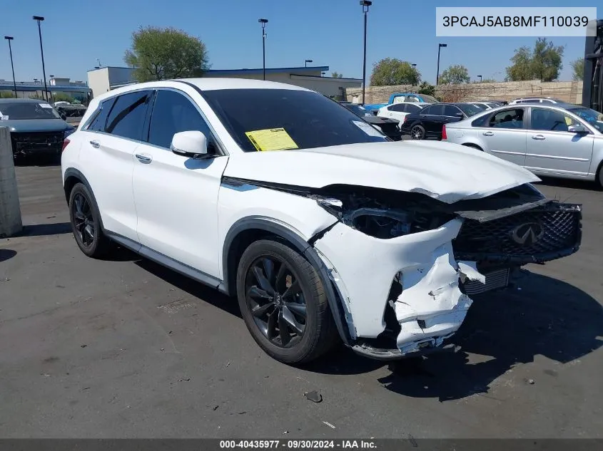 2021 Infiniti Qx50 Pure Awd VIN: 3PCAJ5AB8MF110039 Lot: 40435977