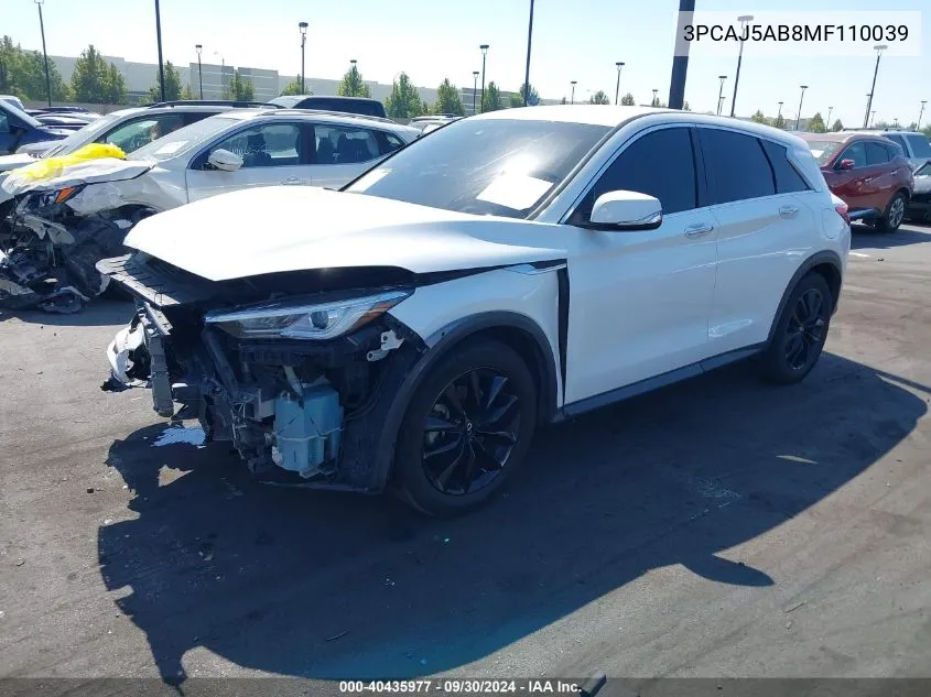 2021 Infiniti Qx50 Pure Awd VIN: 3PCAJ5AB8MF110039 Lot: 40435977