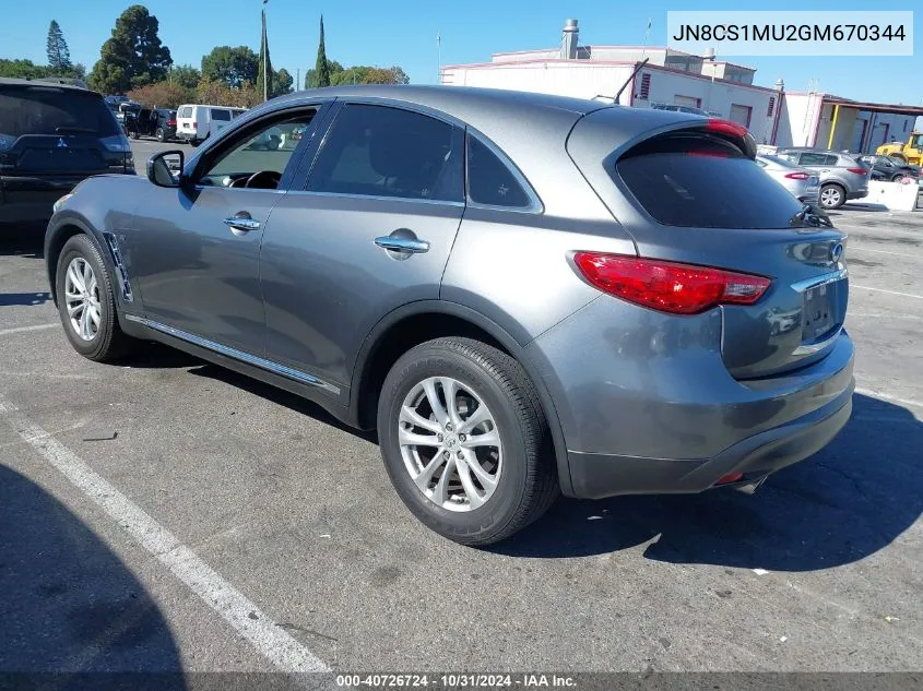 2016 Infiniti Qx70 VIN: JN8CS1MU2GM670344 Lot: 40726724