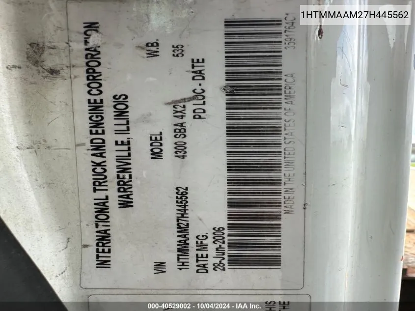 1HTMMAAM27H445562 2007 International 4000 4300