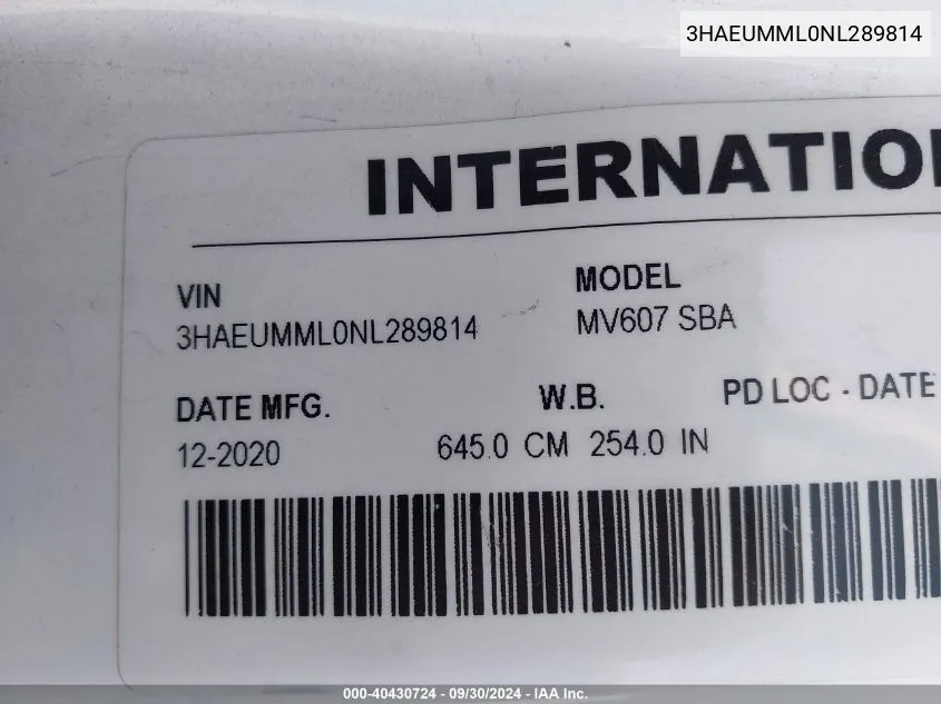 2022 International Mv VIN: 3HAEUMML0NL289814 Lot: 40430724