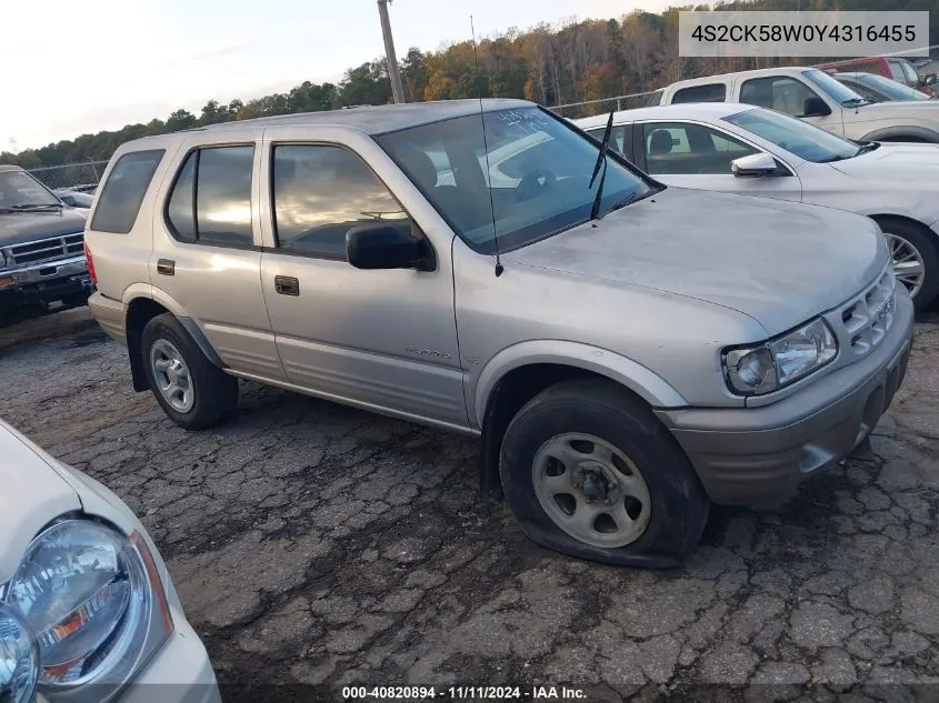 2000 Isuzu Rodeo Ls/Lse/S 3.2L VIN: 4S2CK58W0Y4316455 Lot: 40820894