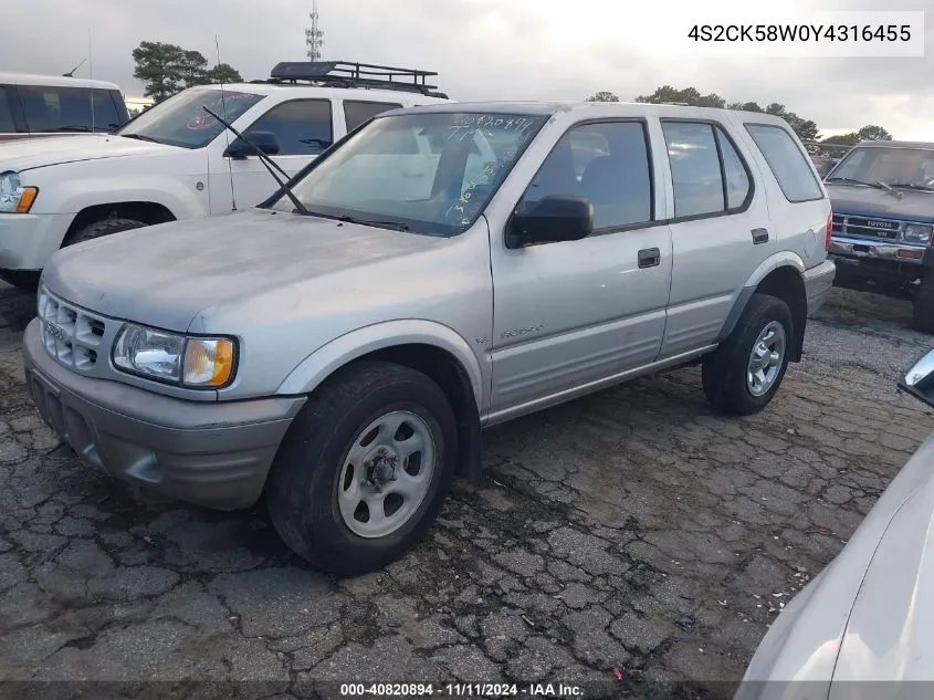 2000 Isuzu Rodeo Ls/Lse/S 3.2L VIN: 4S2CK58W0Y4316455 Lot: 40820894