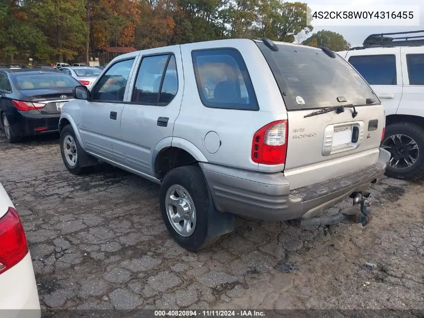 2000 Isuzu Rodeo Ls/Lse/S 3.2L VIN: 4S2CK58W0Y4316455 Lot: 40820894