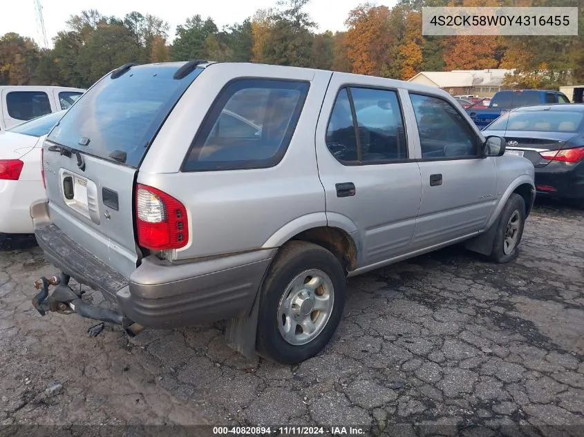 2000 Isuzu Rodeo Ls/Lse/S 3.2L VIN: 4S2CK58W0Y4316455 Lot: 40820894