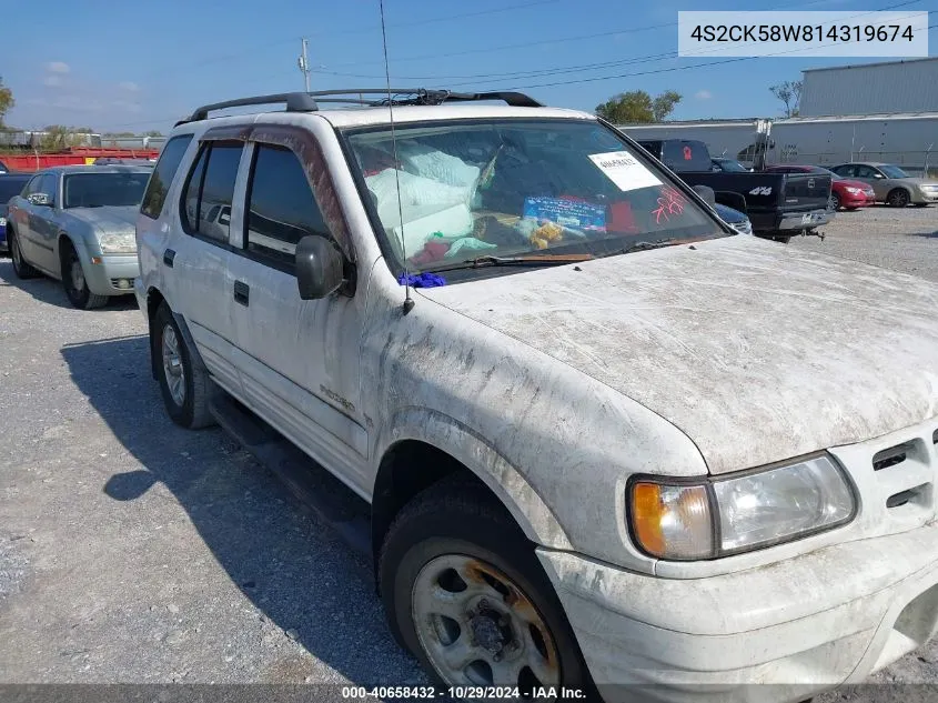 2001 Isuzu Rodeo Ls 3.2L V6/Lse 3.2L V6/S 3.2L V6 VIN: 4S2CK58W814319674 Lot: 40658432